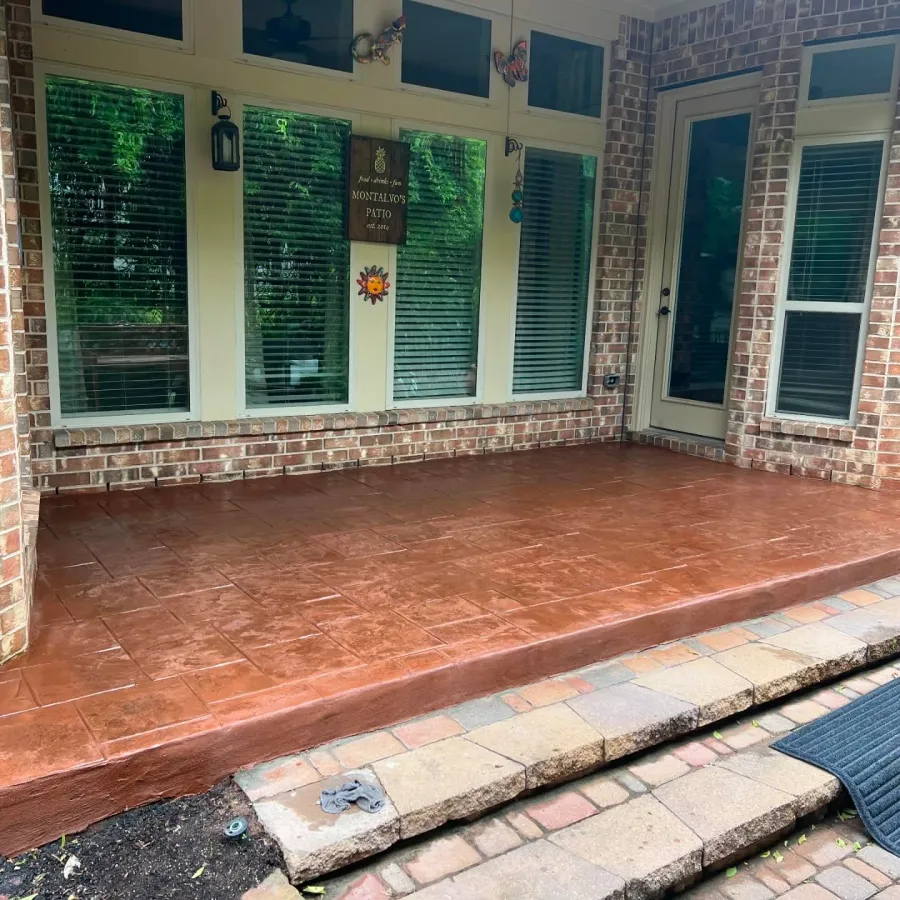 stamped overlay on front porch with flagstone pattern, Magnolia, Texas